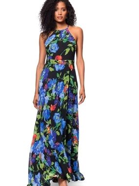 Betsy and Adam Gown Size 14W PLUS Blue Floral Chiffon Fit & Flair Halter #106B4